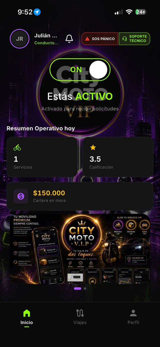 App City MotoVIP — pantalla de inicio del conductor con solicitudes y ganancias
