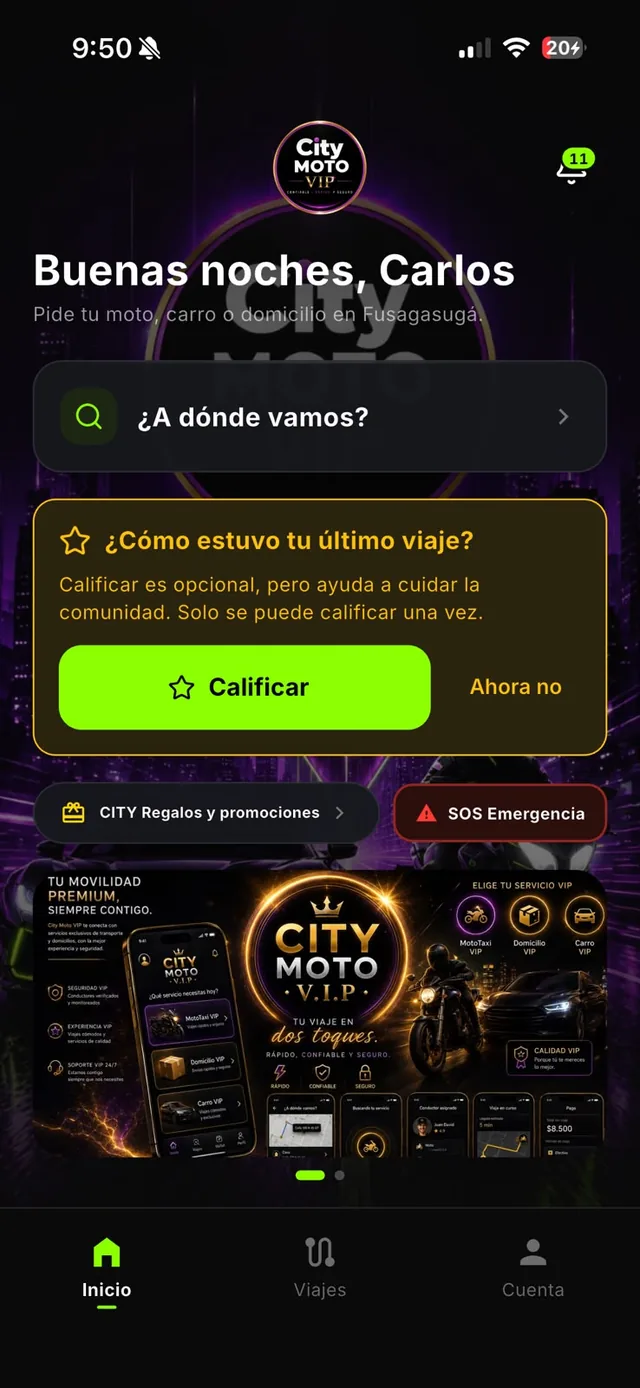 App City MotoVIP — pantalla de inicio del pasajero