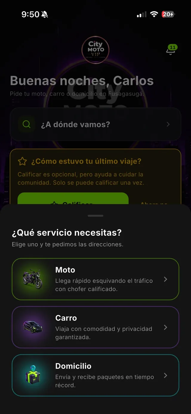 App City MotoVIP — elección de servicio: Moto, Carro o Domicilio